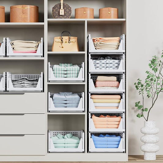 caktraie 4 Pack Stackable Closet Storage Basket - Stackable Storage Bins, Multifunctional & Foldable Closet Organizer Divided, Wardrobe Cupboard Space-Saving Clothes Storage Hat Organizer, White