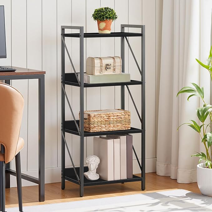 HOOBRO Bookshelf, 4-Tier Industrial Bookcase, Book Shelf Storage Organizer, Small Bookshelf with Metal Frame for Living Room, Bedroom, Home Office, Kitchen, Black BB40SJ01