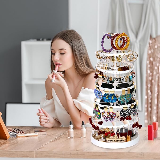 17Dec 6 Tier Rotating Jewelry Organizer Stand, 230 Holes Earring Holder Organizer for Women Girls, Spinning Earring Tree with Ring Holder, Wide Base for Bracelets Watches Lipstick