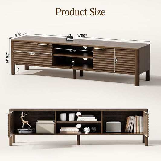 IKALIFE TV Stand for Living Room - up to 65 Inch TVs Mid Century Modern Entertainment Center with Storage and Adjustable Shelves, Media Console Table Walnut 59"