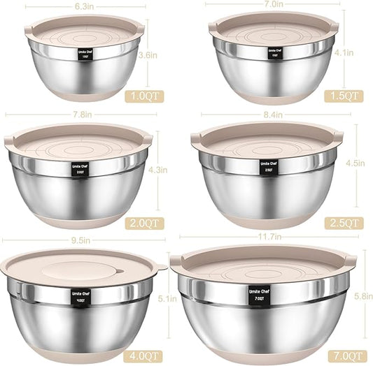 Mixing Bowls with Airtight Lids Set, 26PCS Stainless Steel Khaki Bowls with Grater Attachments, Non-Slip Bottoms & Kitchen Gadgets Set, Size 7, 4, 2.5, 2.0,1.5, 1QT, Great for Mixing & Serving