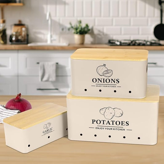 Kitchen Vegetable Storage Set of 3, Metal Onion Garlic Potato Storage Set, Kitchen Canisters Vegetable Keeper Containers with Aerating Holes and Bamboo Lid,Beige