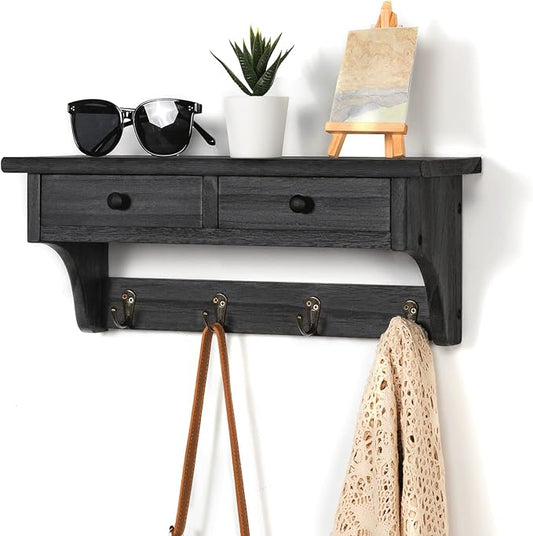 Emfogo Wood Coat Hooks Wall Mounted, Rustic Style with 4 Hooks & Shelf for Entryway, Mudroom, Bedroom, Kitchen, Bathroom (Black)