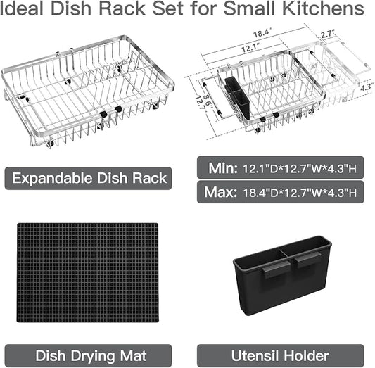 MAJALiS Dish Drying Rack Over The Sink with Utensil Holder, Mat | Expandable Stainless Steel Dish Drainer for Small Kitchen, Apartment, RV, Counter Space Saving, Perfect Fit, Rustproof
