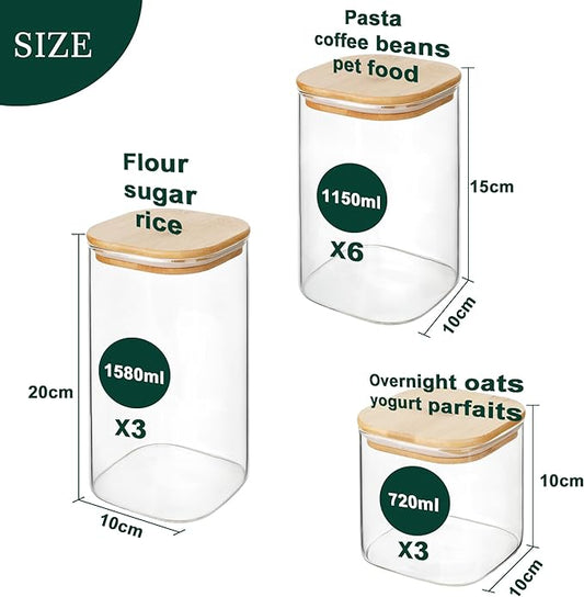 LIBWYS 12-Pack Glass Pantry Storage Containers with Bamboo Lids (0.76Qt/1.22Qt/1.67Qt) - Stackable Square Food Jars for Pantry Organization, Coffee, Flour, Snacks, Tea | Kitchen Canisters Set