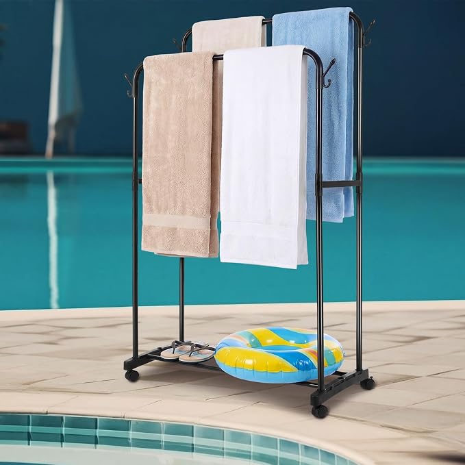 57" H Pool Towel Rack with Wheels for Outdoor 2-Tier Free Standing Towel Drying Rack Metal Heavy Duty Bathroom Pool Accessory Blanket Ladder Storage for Outdoor Spa Bathroom