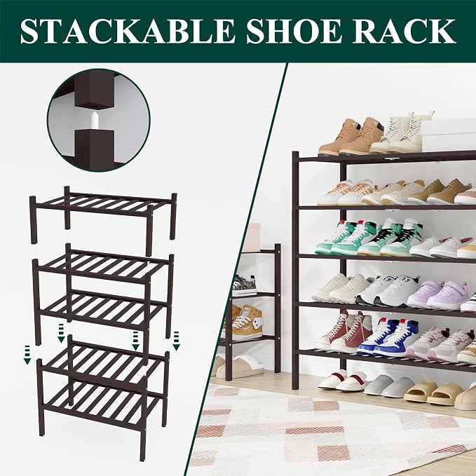 Smiry Long Bamboo Shoe Rack, 6 Tier Free Standing Wooden Shoe Organizer, Stackable Wood Shoe Storage Shelf for Closet, Entryway, 12 Vertical Slats, 2+2+2 Stack Standard Legs, 33.7"x11"x39", Brown