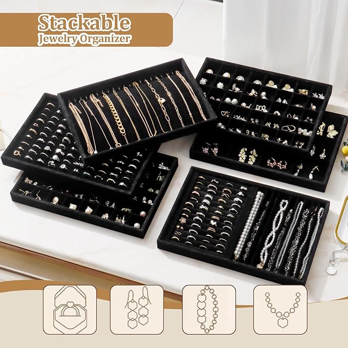Large Velvet Jewelry Tray 2 Pack Stackable Jewelry Display Drawer Inserts Trays Organizer for Earring Bracelet Necklace Ring (Black, 12 Grids)