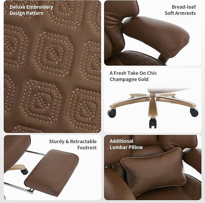 Big and Tall Executive Office Chair with Footrest, 400LBS Capacity Ergonomic High-Back Desk Office Chair with Lumbar Support, Padded Armrests & Thick Cushion, Brown PU Leather Chairs