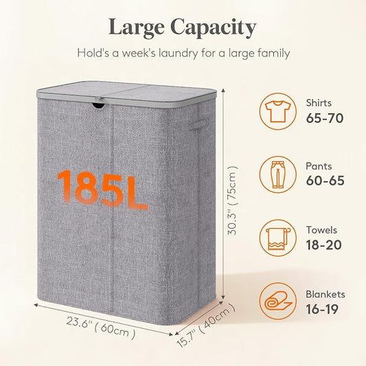 Lifewit 185L 3 Section Laundry Hamper with Lid, Large Laundry Basket with Handles and Removable Bags, Tall Clothes Hamper, Foldable Laundry Sorter for Bedroom Bathroom, Light Gray
