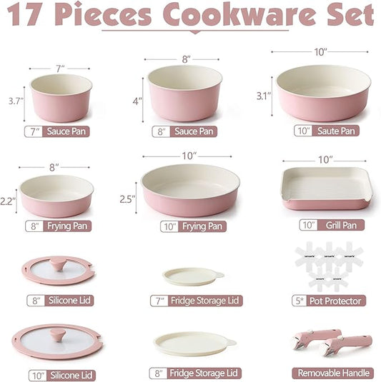 SENSARTE 17 Piece Ceramic Pots and Pans Set, Nonstick Detachable Handle Cookware, Induction Kitchen Cookware Set with Removable Handle, Dishwasher & Oven Safe (Pink)
