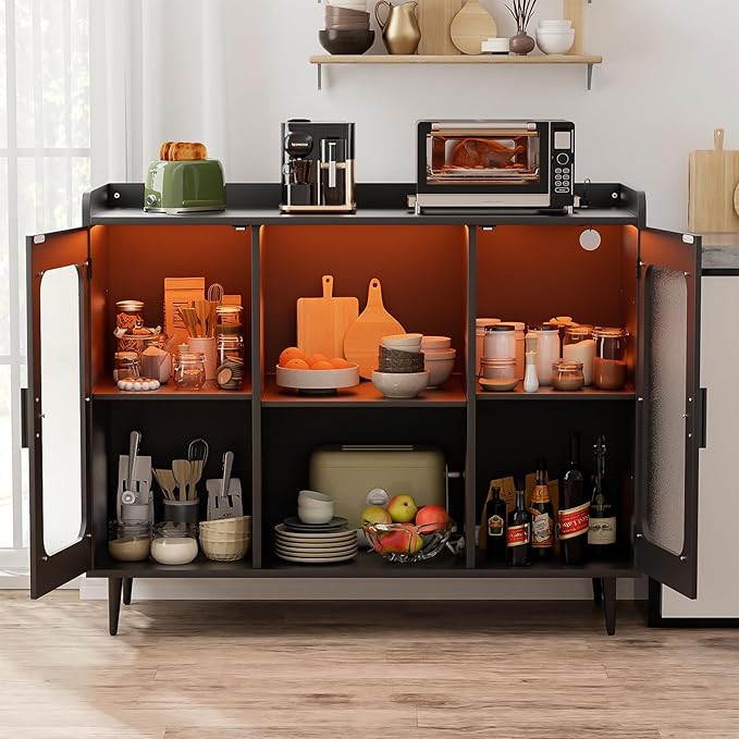 Liquor Cabinet Bar with Power Outlet and LED Light, Wine Bar Cabinet with Wine and Glasses Rack, Home Coffee Bar Cabinet, Buffet Sideboard with Storage Shelf for Kitchen, Dining Room, Black