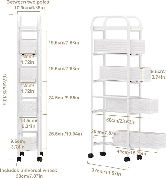 UMDONX Slim Storage Cart 5 Tier with Pull Out Basket Bathroom Organizer Rolling cart, Rolling Utility Cart Slide Out Organizer for Kitchen, Bathroom, Laundry White