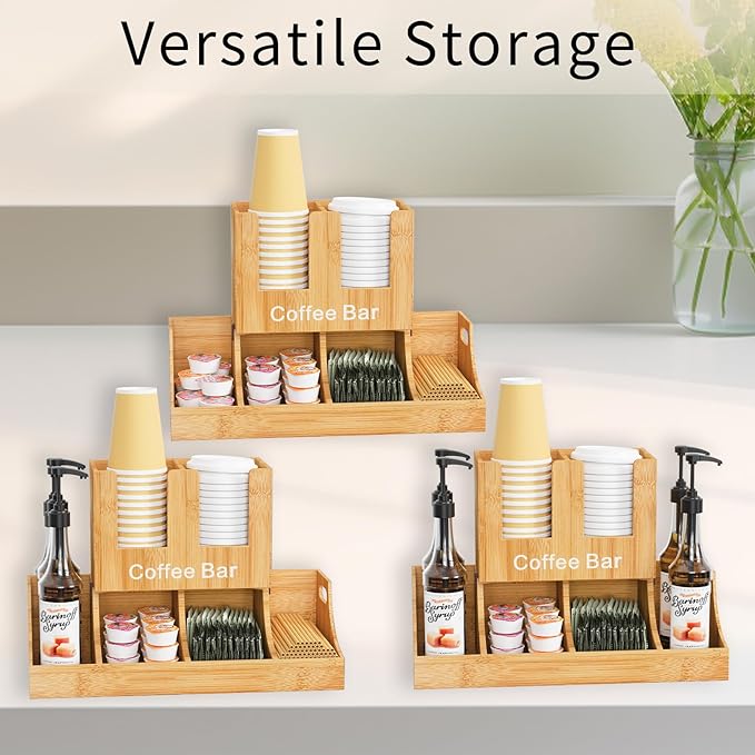 Coffee Station Organizer, Bamboo Coffee Bar Organizer for Countertop, Condiment and Cup Storage Organizer, Bar Accessories for Kitchen, Office, Home, Brown