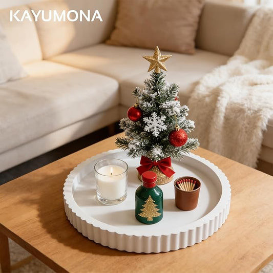 Modern Decorative Tray for Coffee Table, 11" Wooden White Round Small Decor Tray for Candle, Perfume, Vanity, Kitchen Island Counter & Table Centerpiece