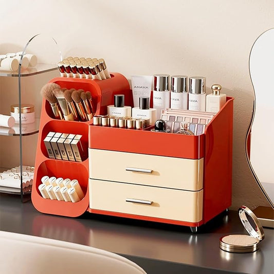 Makeup Organizer with Drawers,Large Capacity Countertop Organizer for Vanity,Bathroom and Bedroom Desk Cosmetics Organizer,Easy To Storage Skincare,Brushes,Lotions (Red and Cream)
