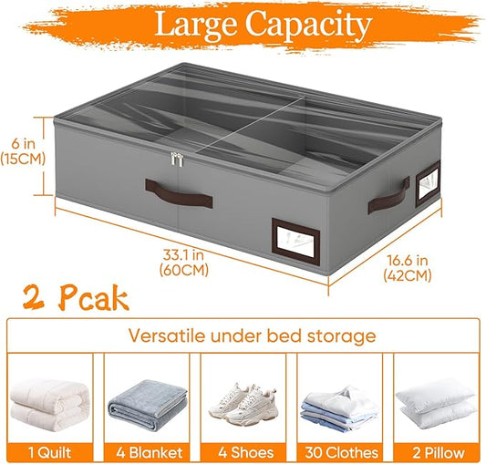 OIAHOMY 2 Pack 38L Under Bed Storage with Adjustable Dividers, 6" Low Profile Underbed Storage Bins for Comforters & Clothes, Save Closet Space with Clear View Lid & Reinforced Handles, Grey