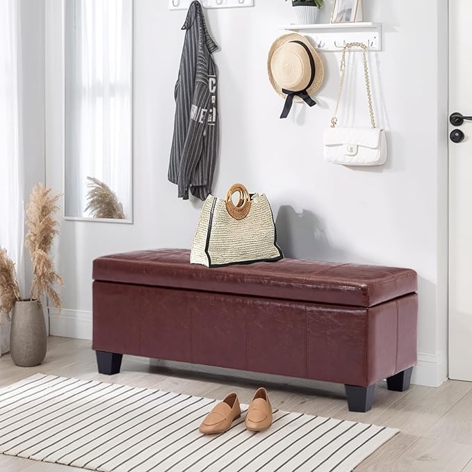 41" Storage Ottoman Bench, Faux Leather Storage Foot Rest with Safety Hinge, Load up to 660 lb Upholstered Tufted Entryway Bench with Seating for Living Room, Bedroom, Brown