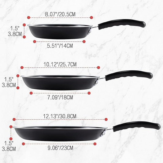 Nonstick Frying Pan Set - Iron Frying Pan 3-Piece Set (8", 10", 12") + 2 Silicone Spatulas, With Premium Nonstick Coating, Up to 450°F, Skillet Suitable for Induction, Gas & More