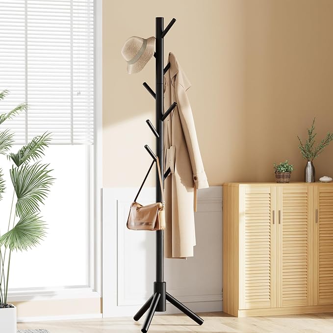Pipishell Solid Wooden Coat Rack Freestanding, Hall Tree with 8 Hooks, 3 Height Options for Coats, Hats, Handbags, and Scarves, Tool-Free Assembly, Space Saving Design for Entryway, Office, Bedroom