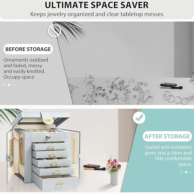 AKOZLIN 6-Tier Jewelry Box Organizer Functional 5 Drawers Leather Jewelry Storage Case for Women Girls Ring Necklace Earring Bracelet Holder Organizer with Mirror Grey Regular