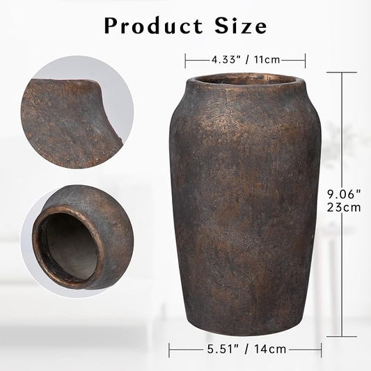 Briful Rustic Vintage Ceramic Vase, 9.06'' Farmhouse Table Decor with Wide Mouth, Large Decorative Vase for Home Decor, Living Room, Entryway & Shelf Styling, Brown