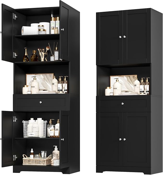 HIFIT Tall Bathroom Storage Cabinets, Modern Linen Storage Cabinet with 4 Doors & Shelves & Drawer, 67" H Tall Storage Cabinet Freestanding for Bathroom, Living Room, Kitchen & Dining, Pantry, Black