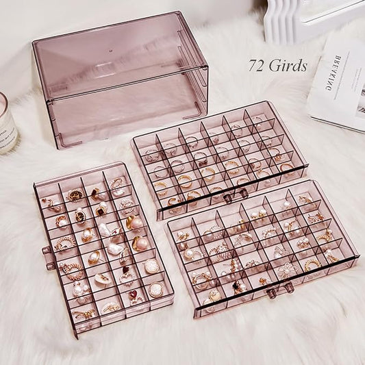 YUFONG Earring Storage Box Organizer 3 Drawers Acrylic Jewelry Storage Box Holder Transparent Jewelry Display Stand with 72 Small Compartments Gift for Women Girls (Clear Purple Brown)