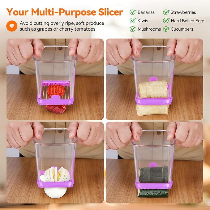 Fruit Slicer Cup for Strawberry, Banana, Hard-Boiled Egg - Detachable Cutter with Push Plate - Rapid & Safe Slicing Kitchen Gadget for Quick Meal Prep (Purple)