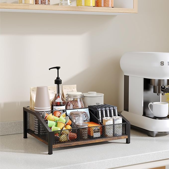 Homsorout Coffee Station Organizer - Coffee Bar Organizer with Removable Dividers for Pods Condiment Syrup Tea Stirrers, K Cup Holder for Kitchen, Office, Home, Countertop, Brown