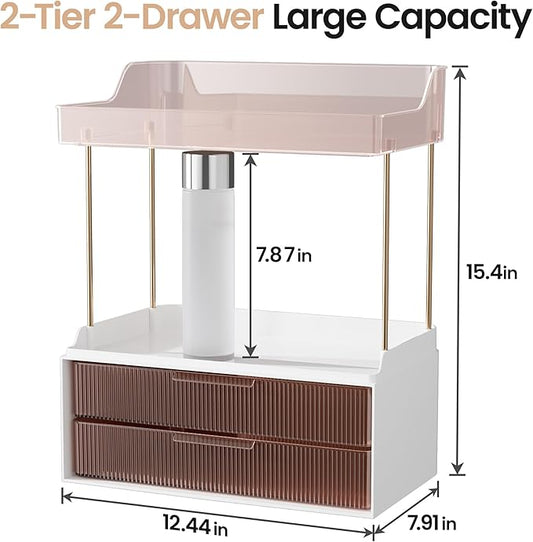 Delamu Bathroom Organizers and Storage, 2 Tier 2 Drawer Makeup Organizer Countertop, Easy to Install, Ideal for Bathroom Counter, Vanity, Ideal Gifts for Women Girls, Grapefruit