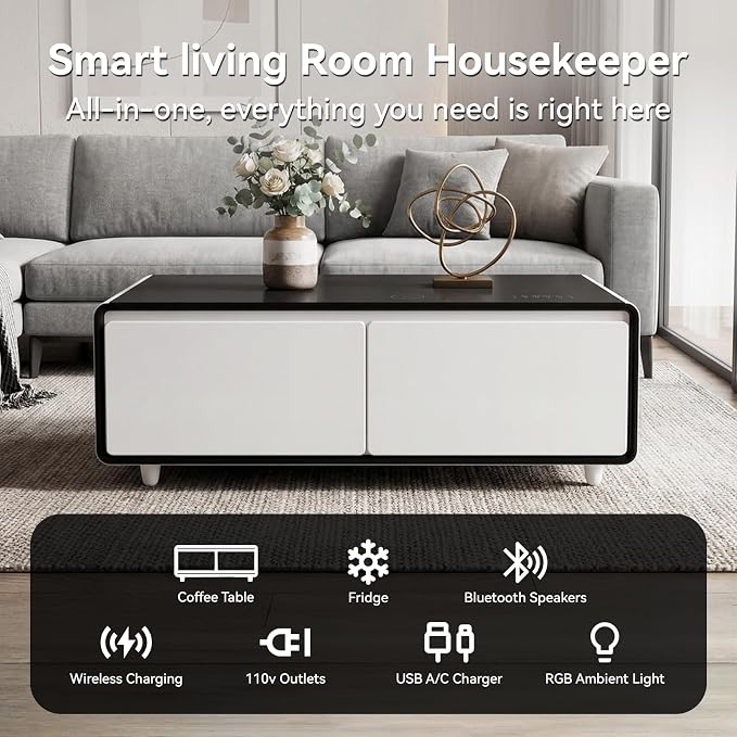 LIVTAB Smart Coffee Table, 27.8" D x 51" W x 18.1" H, Living Room Table with Built in Fridge and Speakers, Smart Table with 15W Wireless Charging, USB Chargers and 110V Outlets (White)