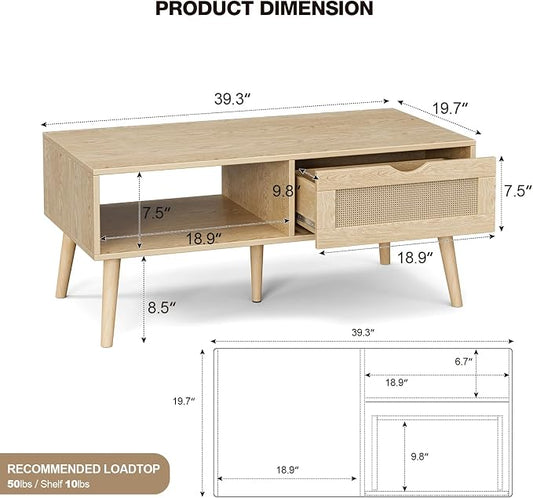 ZttRiee Coffee Table with Storage, Boho Dining Table with Rattan Drawer and Solid Wood Legs, Small Coffee Tables for Living Room, Oak