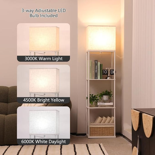 Gupuzm Floor Lamp with Shelves, Large Size Rectangle Standing Lamp with 3 Color Temperature Bulb, Corner Display Bookshelf Lamp for Living Room, Bedroom and Office(White-9W)