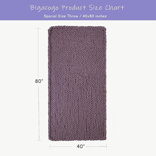 Bigacogo Chunky Knit Throw Blanket for Couch, 40x80 inches, 100% Hand Knitted with Thick Jumbo Chenille Yarn, Cozy Soft Large Rope Knot Cable Crochet Blankets for Sofa Bed Living Room, Winter Grape