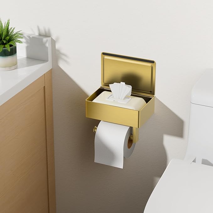 FORIOUS Toilet Paper Holder with Shelf, Sanitary Napkin Receptacle Tampon Holder, Wall Mount Toilet Paper Holder with Storage, Flushable Wipes Dispenser Fits for Bathroom Commercial(1, Brushed Gold)