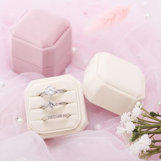 DesignSter Velvet Ring Box - Square, 3 Slots, Premium Ring Bearer Box for Wedding Ceremony & Proposal Engagement (Beige)