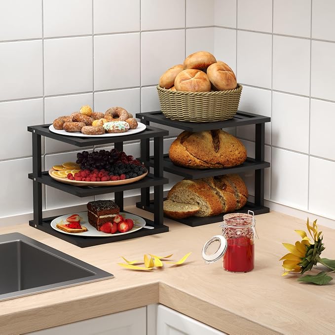 2 Pack Bamboo Corner Shelf,3 Tier Kitchen Cabinet Organizer for Plates and Dishes,Pantry Storage and Spice Rack(Black)