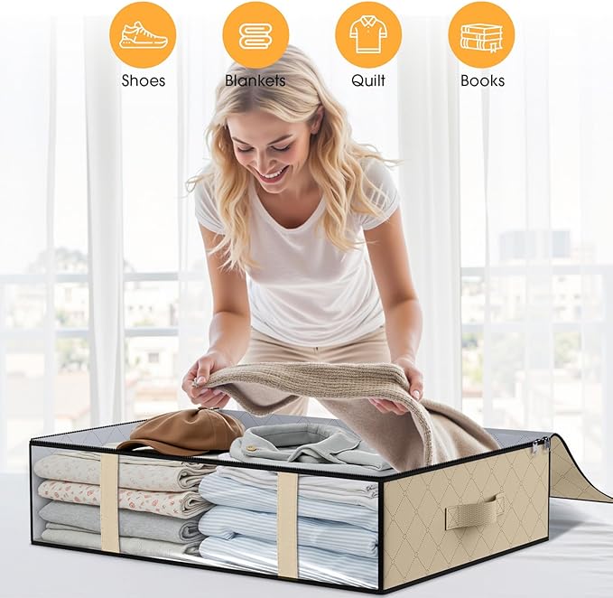 StorageRight Under Bed Storage Bags 6 Pack, 40L Large Clothes & Comforter Storage Containers with Clear Window, Breathable Fabric Organizer for Blankets, Bedding, Seasonal Clothing, Beige