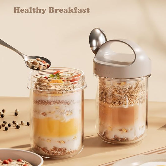 2Pack Overnight Oats Containers with Lids and Handle,14 oz Airtight Oatmeal Container,Mason Jars with Lid for Cereal,Milk,Fruit,Yogurt,On The Go Container,Salad Jars,Glass Jars (Grey)