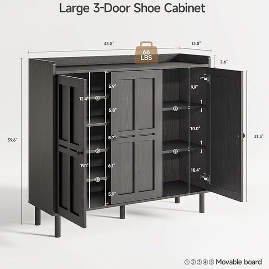 ONBRILL Shoe Cabinet with 3 Doors and Adjustable Shelves, 30 Pairs Shoe Storage Cabinet, 40 Inch Tall Farmhouse Shoe Rack Shoe Organizer Cabinet for Entryway Living Room Closet, Black