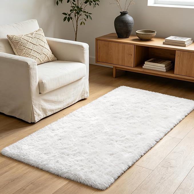 Shag Runner Rug for Bedroom Living Room 3x7 Upgrade Non-Slip Fluffy Soft Bedside Rugs,White Shaggy Carpet for Livingroom Dorm Home Decor Aesthetic