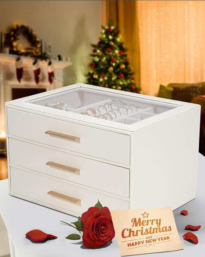 Jewelry Box for Women, Glass Lid Jewelry Organizer with 3 Drawers PU Jewelry Storage Case for Necklaces Rings Earrings Bracelets, White