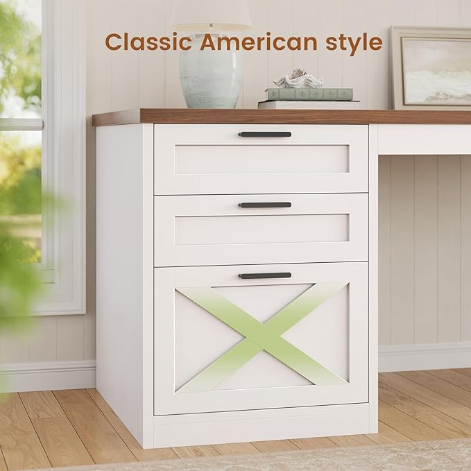 SEDETA 55.1" Farmhouse Office Desk with 3 Drawers, Executive Desk with File Drawer & Storage Shelves, Computer Desk with Power Outlet for Home Office, White and Brown