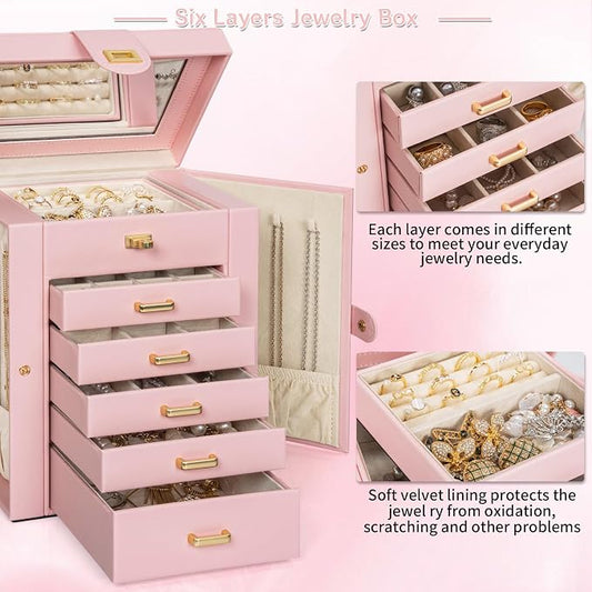 AKOZLIN 6-Tier Jewelry Box Organizer Functional 5 Drawers Leather Jewelry Storage Case for Women Girls Ring Necklace Earring Bracelet Holder Organizer with Mirror Light Pink Regular