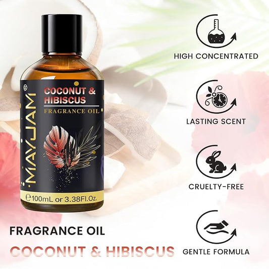 Coconut & Hibiscus Fragrance Oil Essential Oil, MAYJAM 3.38FL.OZ Coconut & Hibiscus Oil for Diffusers for Home, Long Lasting Scented Oils for Soap Candle Making - 100ML
