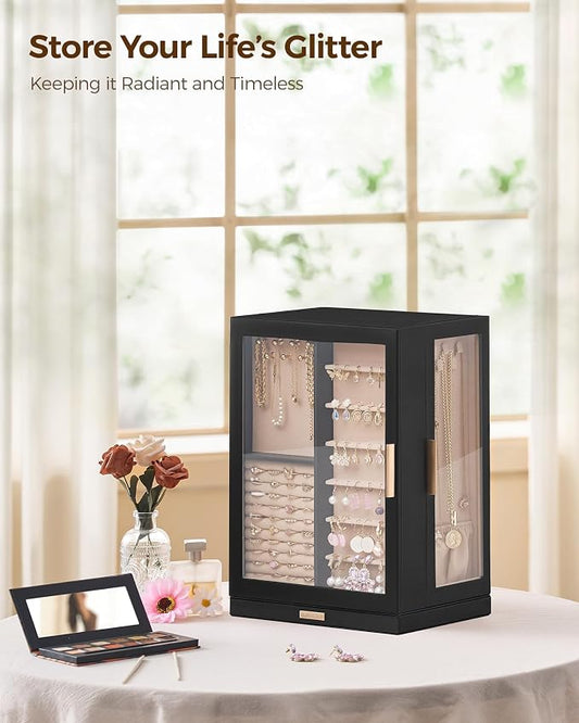 Glimmloop 360° Rotating Jewelry Box with 9 Drawers, Spacious Vertical Jewelry Organizer with Glass Window, Jewelry Storage Case, Dustproof & Moisture-resistant Design, Black