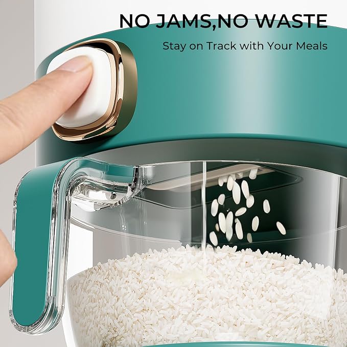 UFORU Rice Dispenser, Rice Storage Container with Measuring Cup for Kitchen Pantry Household, Cereal Dry Food Storage Containers Airtight, Sealed Moisture Proof (Green 22 Lbs)