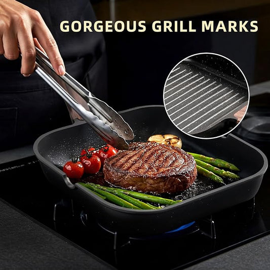 Kikcoin Nonstick Grill Pan for Indoor Cooking,9.5 Inch Versatile Griddle for Stove Tops Steak Pan with Pour Spouts