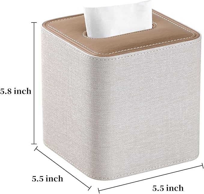 Cretkhp Square Linen Tissue Box Cover with Magnetic Closure, Modern PU Leather Tissue Box Holder for Bathroom Vanity Countertop Night Stands Bedroom Office Desk, Stylish Cube Tissue Holder (Linen)